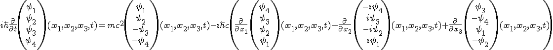 LaTeX:  i \hbar \frac{\partial}{\partial t} \left(\begin{matrix}\psi_1\\\psi_2\\\psi_3\\\psi_4 \end{matrix}\right) (\mathbf{x_1, x_2, x_3},t) = mc^2  \left(\begin{matrix}\psi_1\\\psi_2\\-\psi_3\\-\psi_4 \end{matrix}\right) (\mathbf{x_1, x_2, x_3},t)  -i\hbar c \left(\frac{\partial}{\partial x_1}\,\left(\begin{matrix}\psi_4\\\psi_3\\\psi_2\\\psi_1 \end{matrix}\right) (\mathbf{x_1, x_2, x_3},t) +  \frac{\partial}{\partial x_2}\,\left(\begin{matrix}-i\psi_4\\i\psi_3\\-i\psi_2\\i\psi_1 \end{matrix}\right) (\mathbf{x_1, x_2, x_3},t) +  \frac{\partial}{\partial x_3}\,  \left(\begin{matrix}\psi_3\\-\psi_4\\\psi_1\\-\psi_2 \end{matrix}\right) (\mathbf{x_1, x_2, x_3},t)\right) 